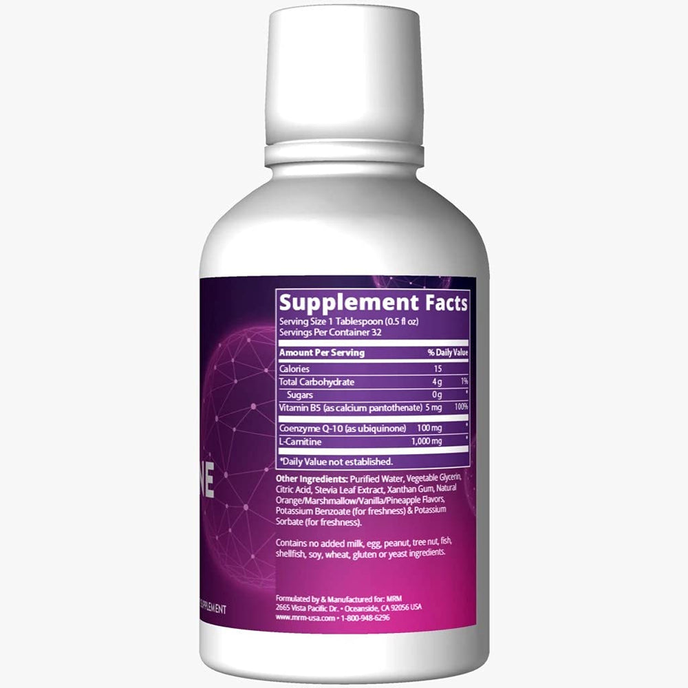 MRM CoQ-10 L-Carnitine liquid label closeup highlighting ingredients and benefits