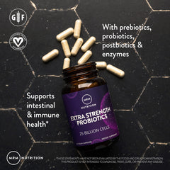 MRM capsule daily-use probiotic supports gut balance and immune health.