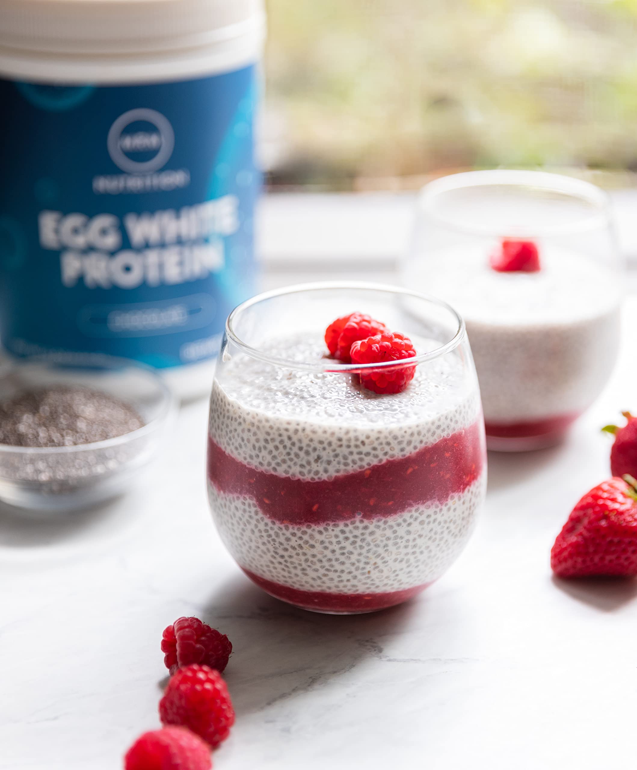 MRM Egg White Protein Chocolate bottle highlights digestive enzymes for smoother digestion.
