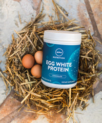 MRM Egg White Protein Chocolate with scoop, easy to measure for daily protein intake.