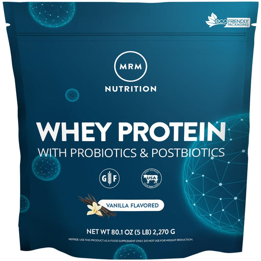 MRM Nutrition Whey Protein Vanilla container showing a protein blend for muscle support and recovery