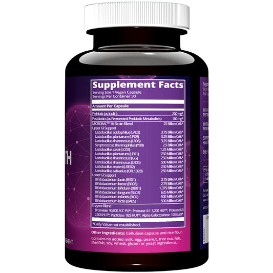 MRM probiotic capsules with 16 strains promote digestive health.
