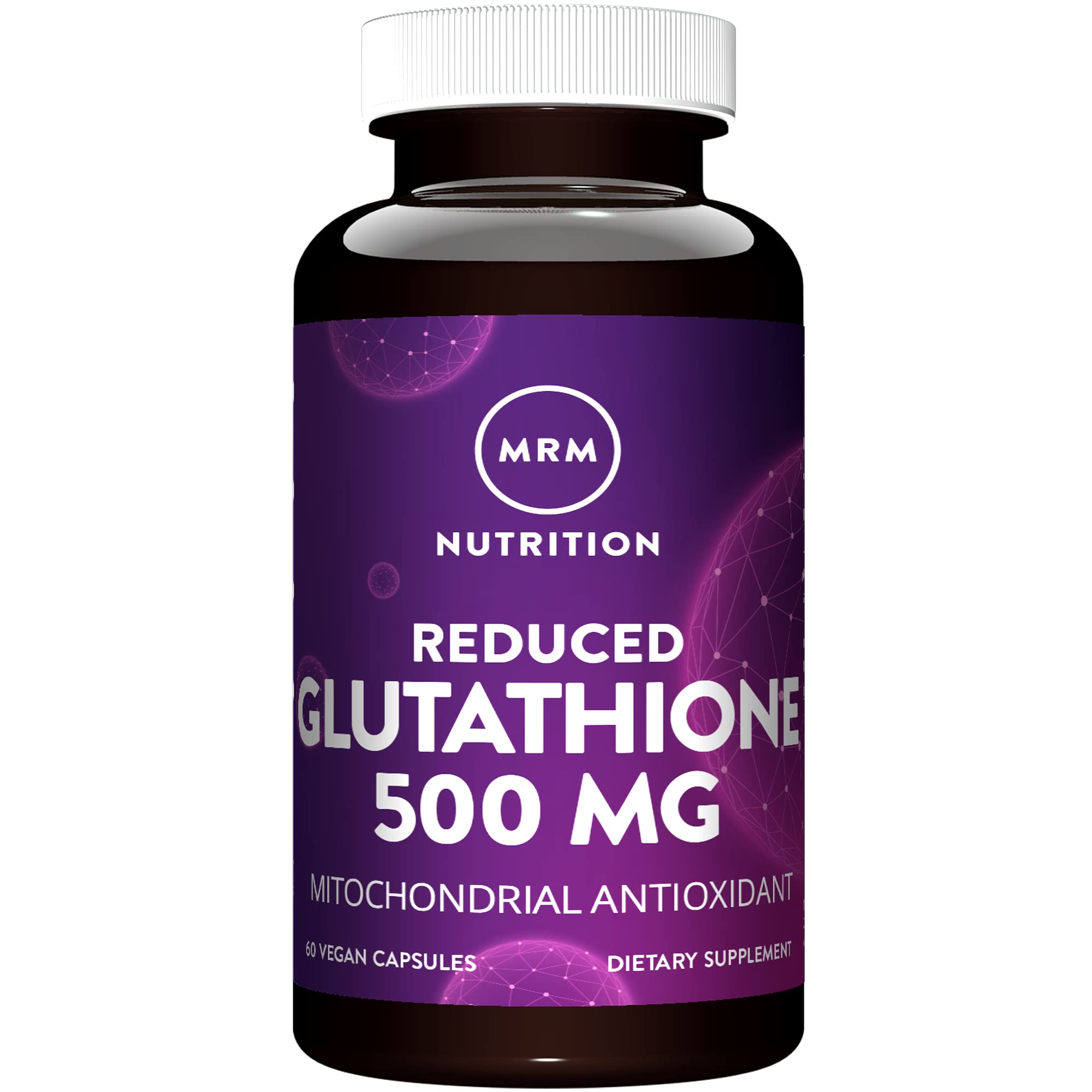 MRM Reduced Glutathione 500mg bottle highlighting vegan and gluten-free formula