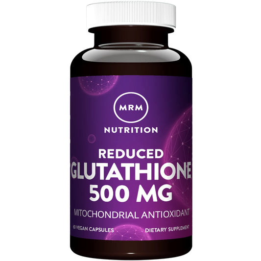 MRM Reduced Glutathione 500mg bottle highlighting vegan and gluten-free formula