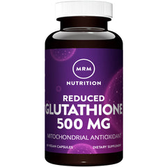 MRM Reduced Glutathione 500mg bottle highlighting vegan and gluten-free formula