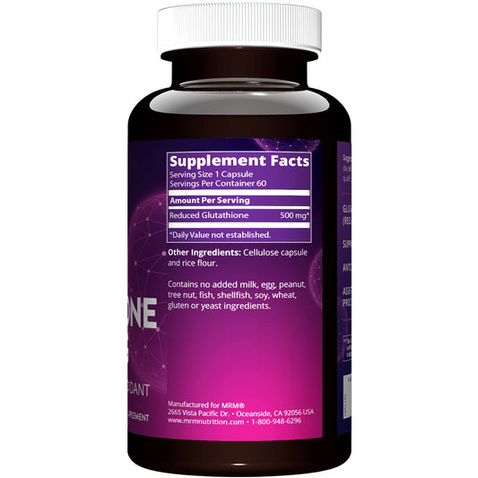 Close-up of MRM glutathione capsules highlighting easy daily use and vegan formula