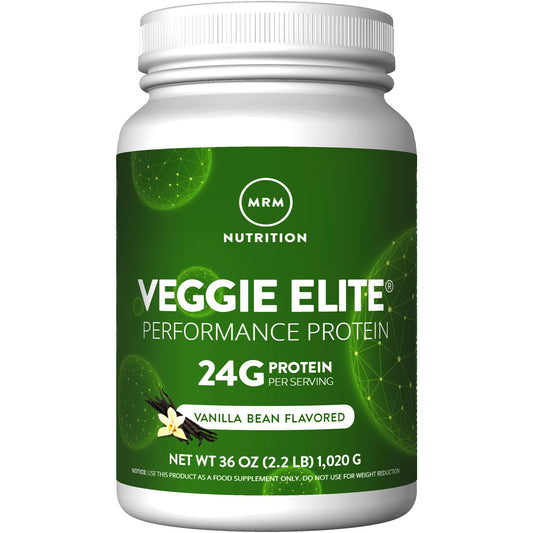 MRM Veggie Elite Protein vanilla bottle highlighting clean plant-based protein for active lifestyles.