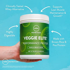 MRM Veggie Elite Protein packaging demonstrates vegan gluten-free ingredients and clean formulation.