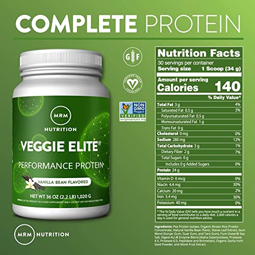 MRM Veggie Elite Protein certification badges indicating vegan and gluten-free.