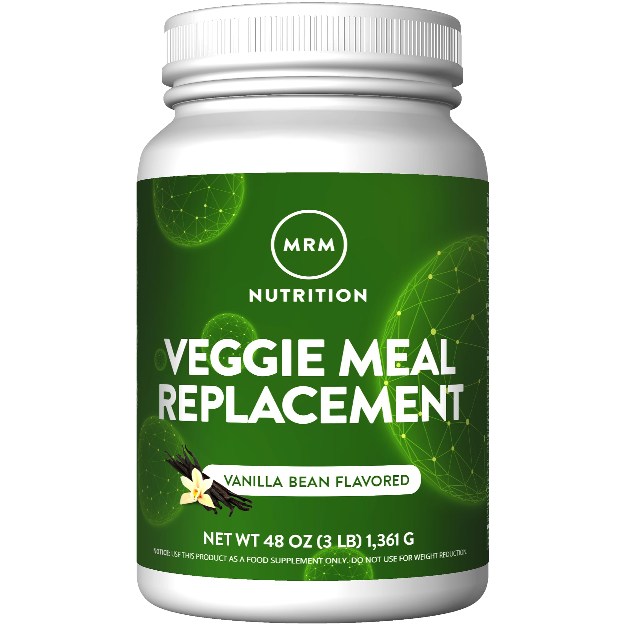 MRM Veggie Meal Replacement Vanilla Bean packaging, convenient on-the-go nutrition.