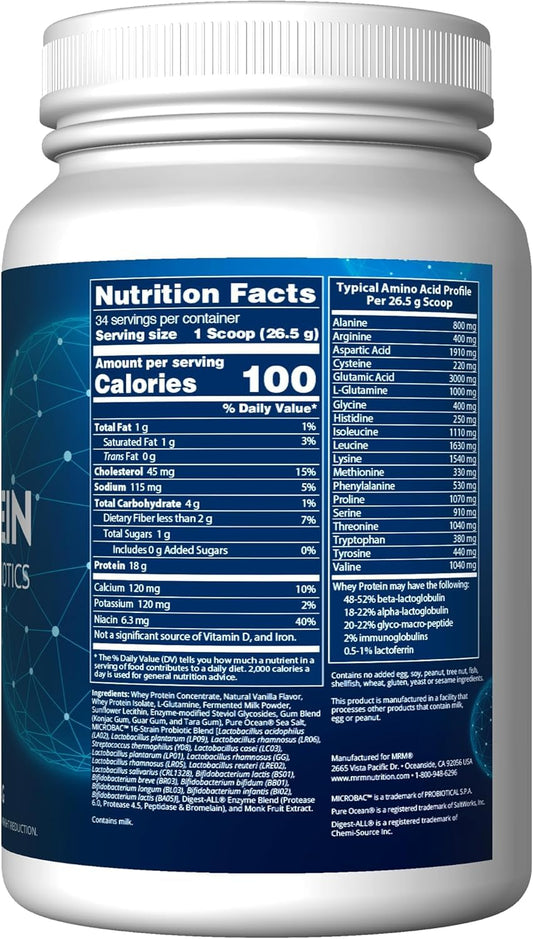 MRM Whey Protein Vanilla shake in glass, ideal for smoothies and baking
