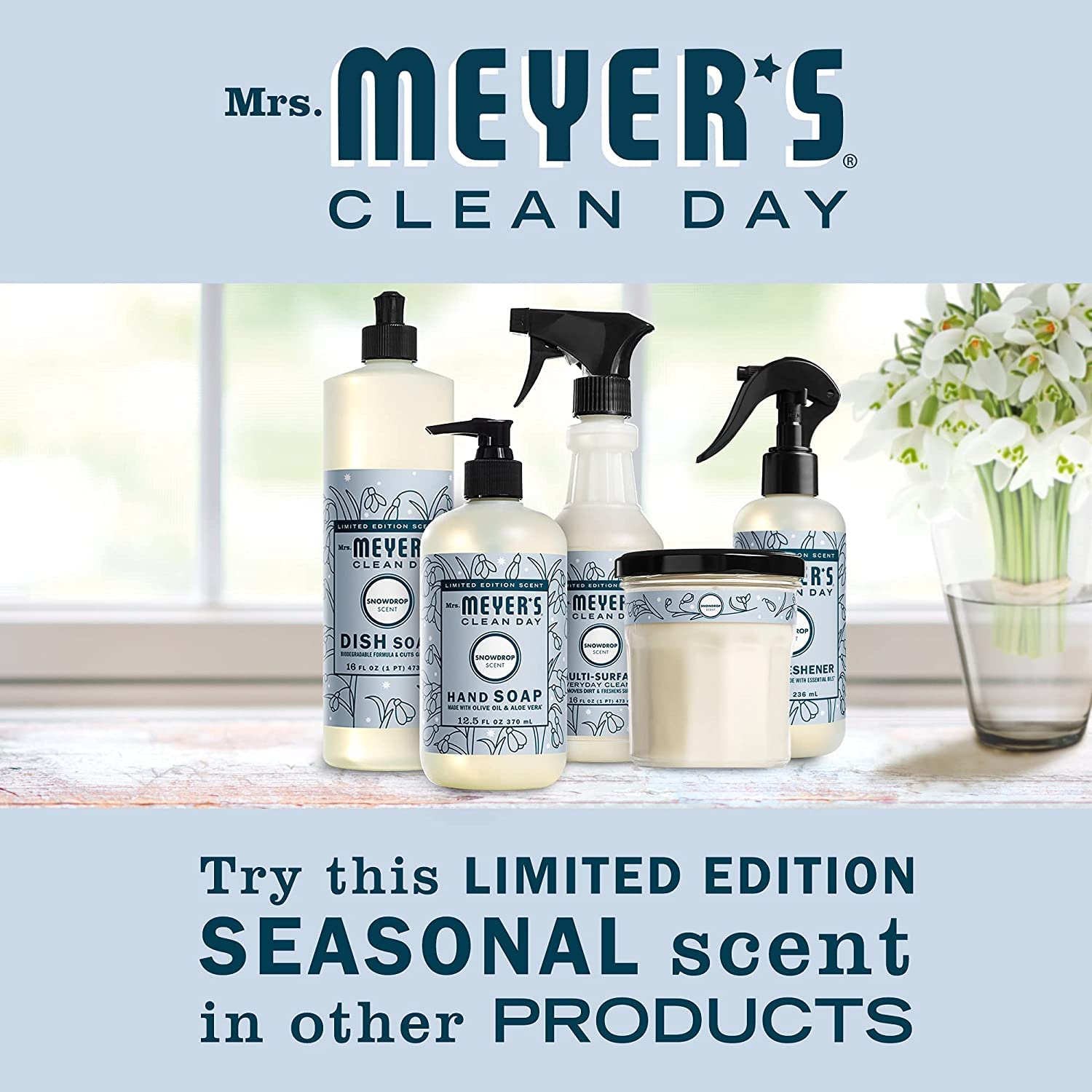 Gift-ready packaging and recyclable glass jar from Mrs. Meyer's Snow Drop Candle.
