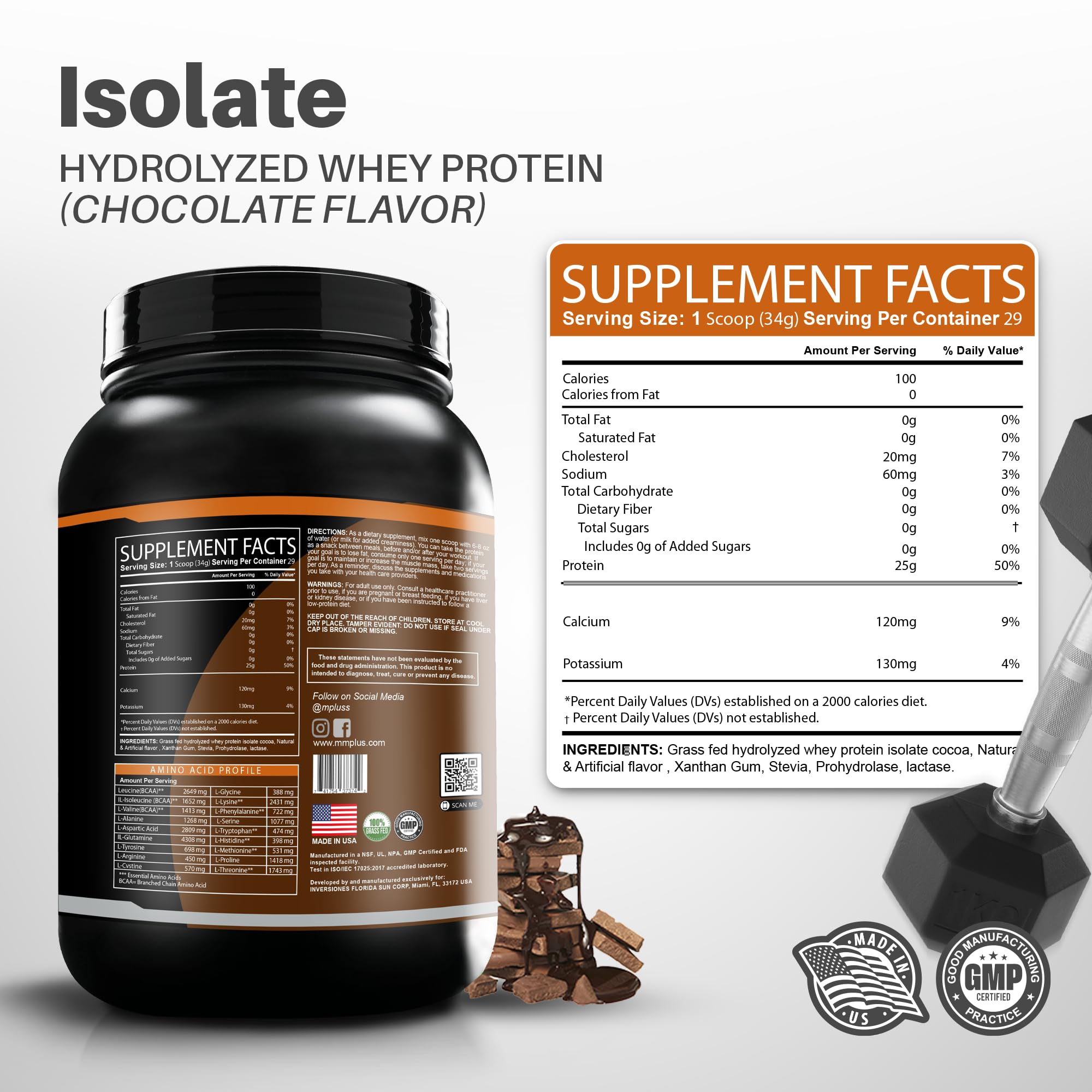 M+S whey protein bottle with scoop on counter for convenient serving