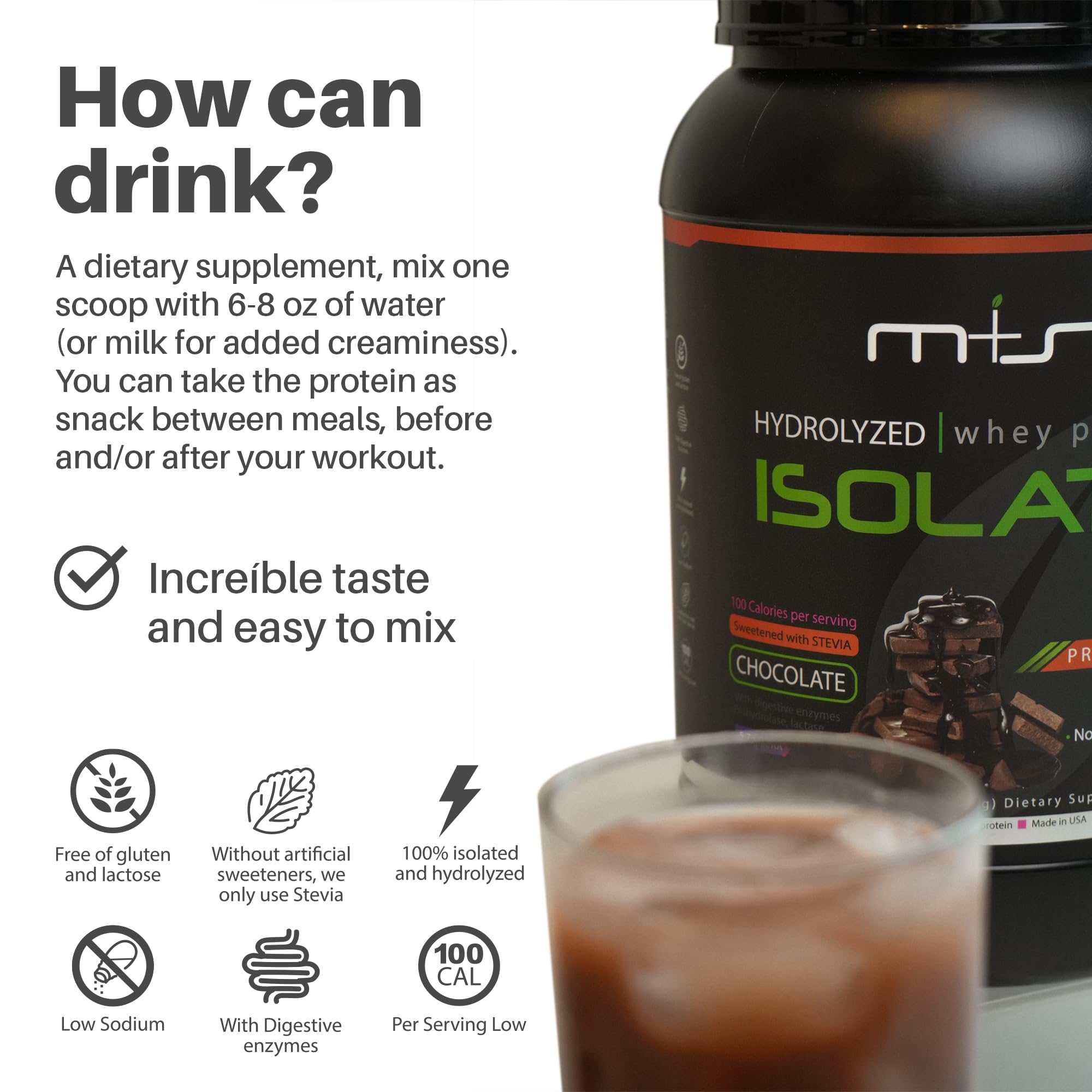 M+S grass-fed label on hydrolyzed whey indicating high-quality ingredients