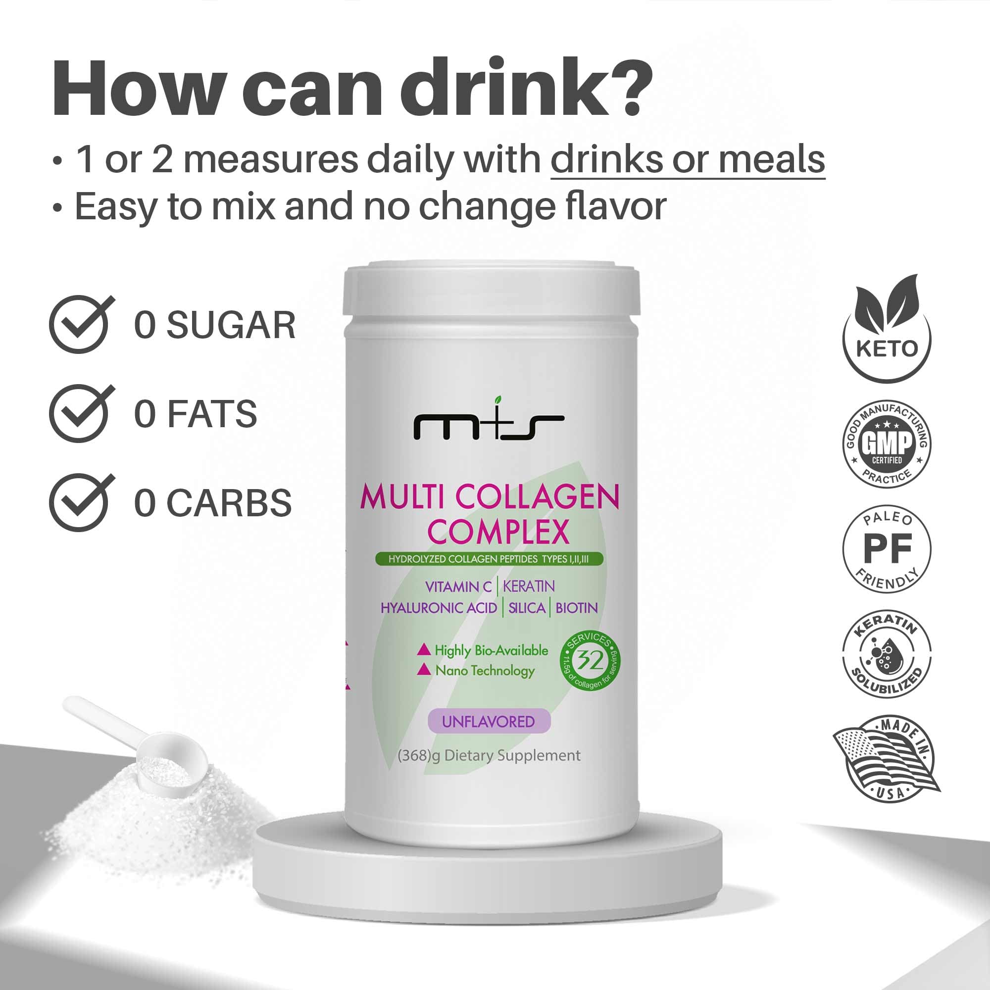MS Multi Collagen Complex glass with scoop beside tea for daily wellness ritual.