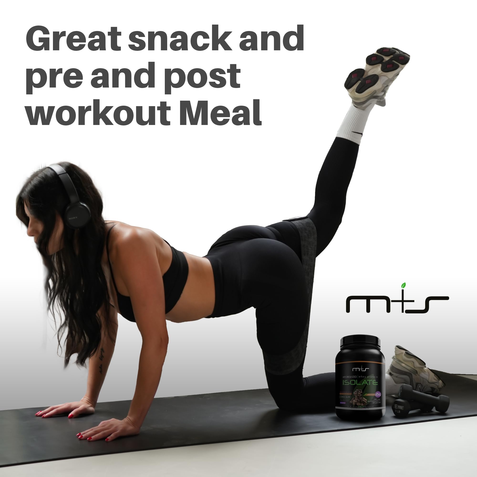 Graphic shows 25 g per serving of M+S protein powder