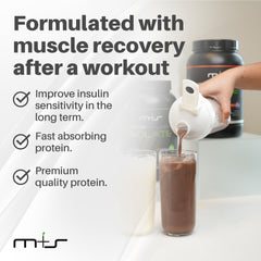 Pouring M+S hydrolyzed whey into a shaker for post-workout recovery