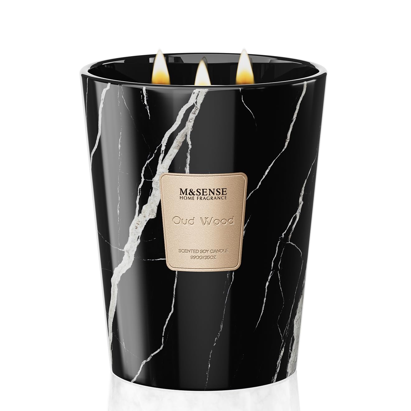 M&SENSE OudWood XL candle in a marble-textured jar adds a luxurious focal point to your living room.