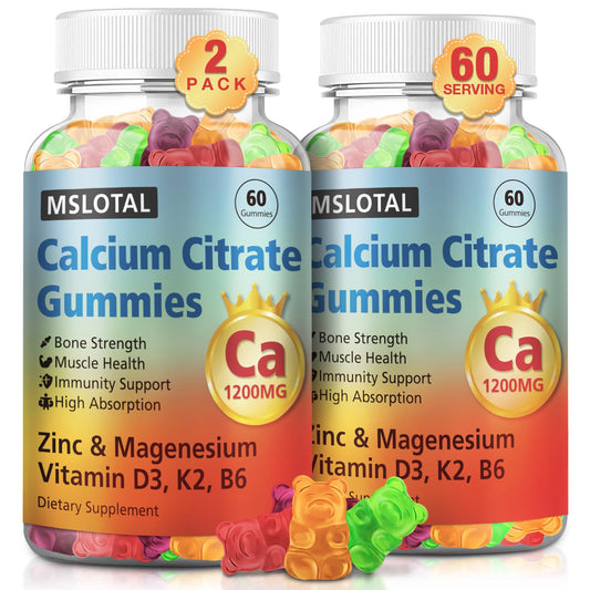 MSLOTAL calcium citrate gummies bottle shows high-absorption formula for bone support.