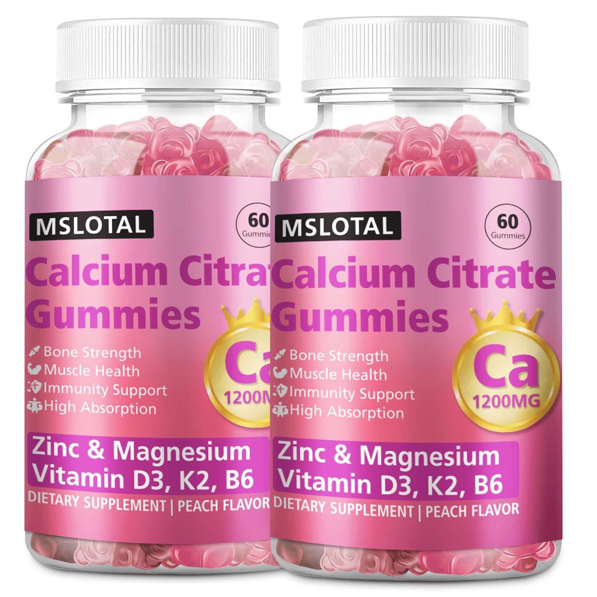 MSLOTAL calcium citrate gummies bottle with peach flavor for bone support and daily wellness
