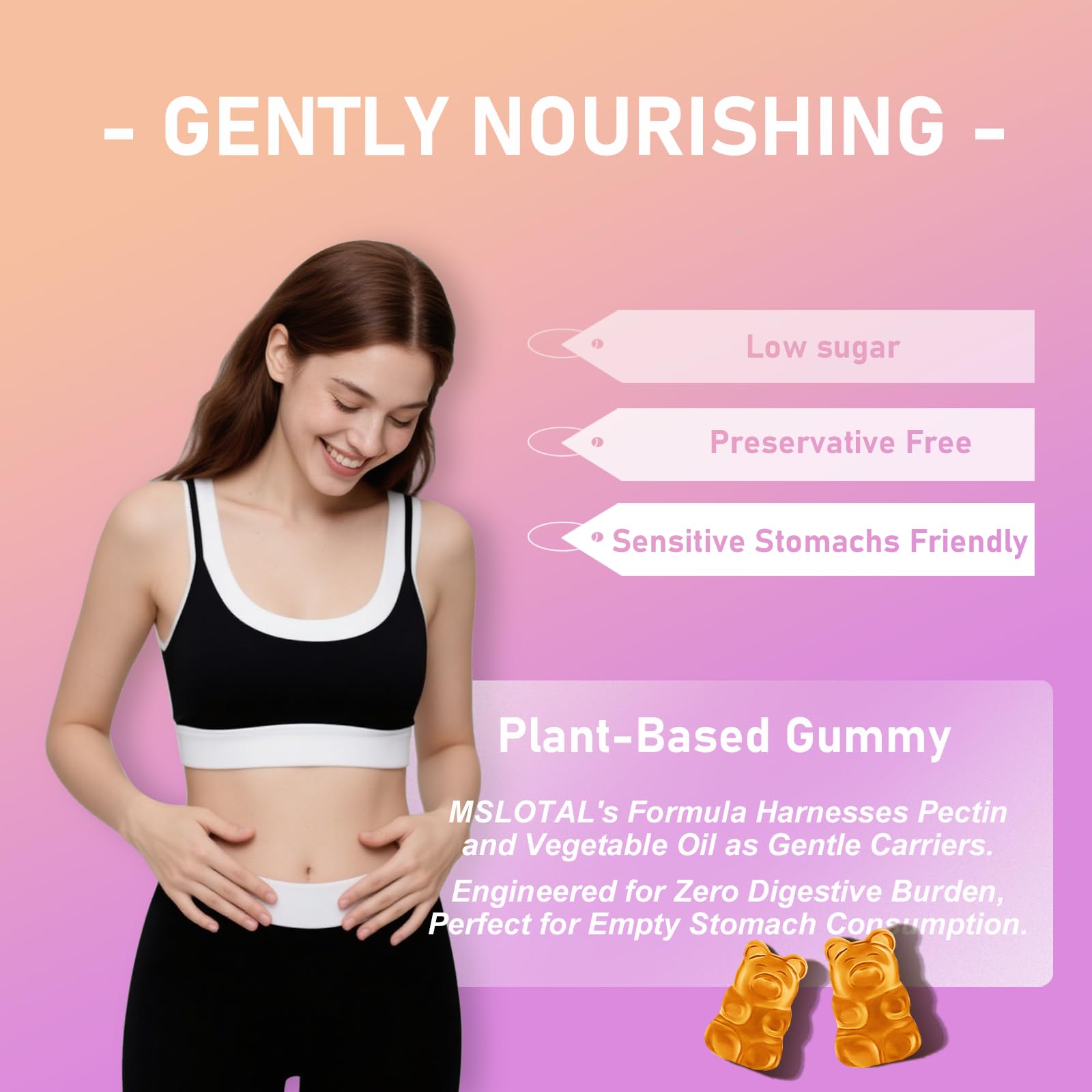 MSLOTAL calcium citrate gummies close-up showing peach flavor and vitamin D3 boost