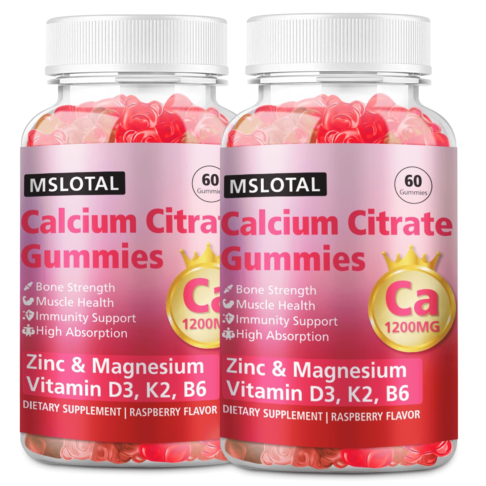 MSLOTAL calcium citrate gummies in raspberry flavor for daily bone support and easy consumption