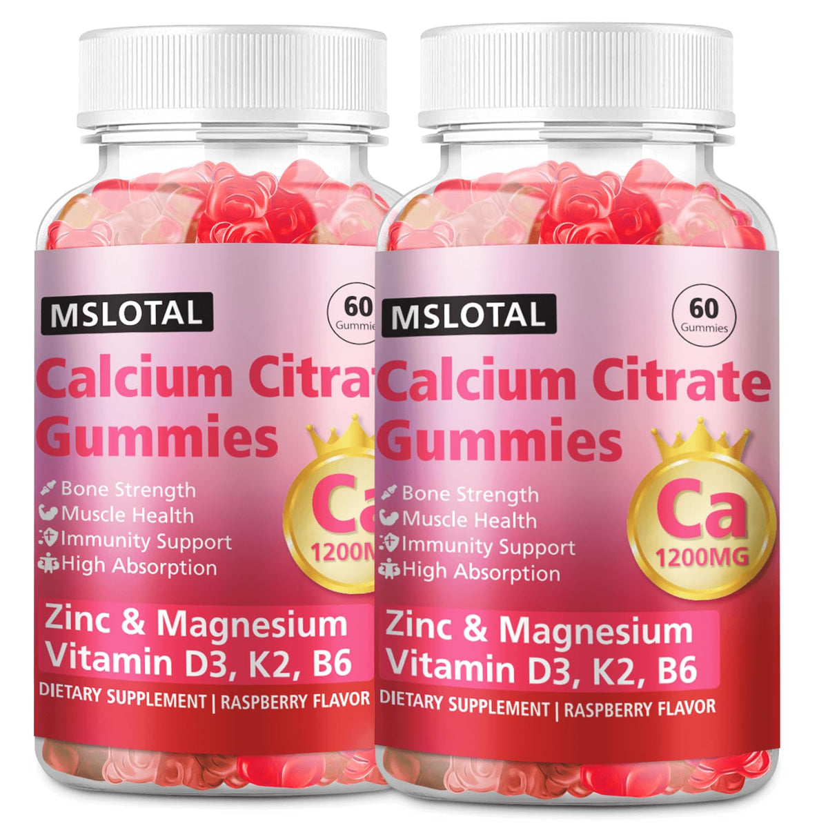 MSLOTAL calcium citrate gummies in raspberry flavor for daily bone support and easy consumption