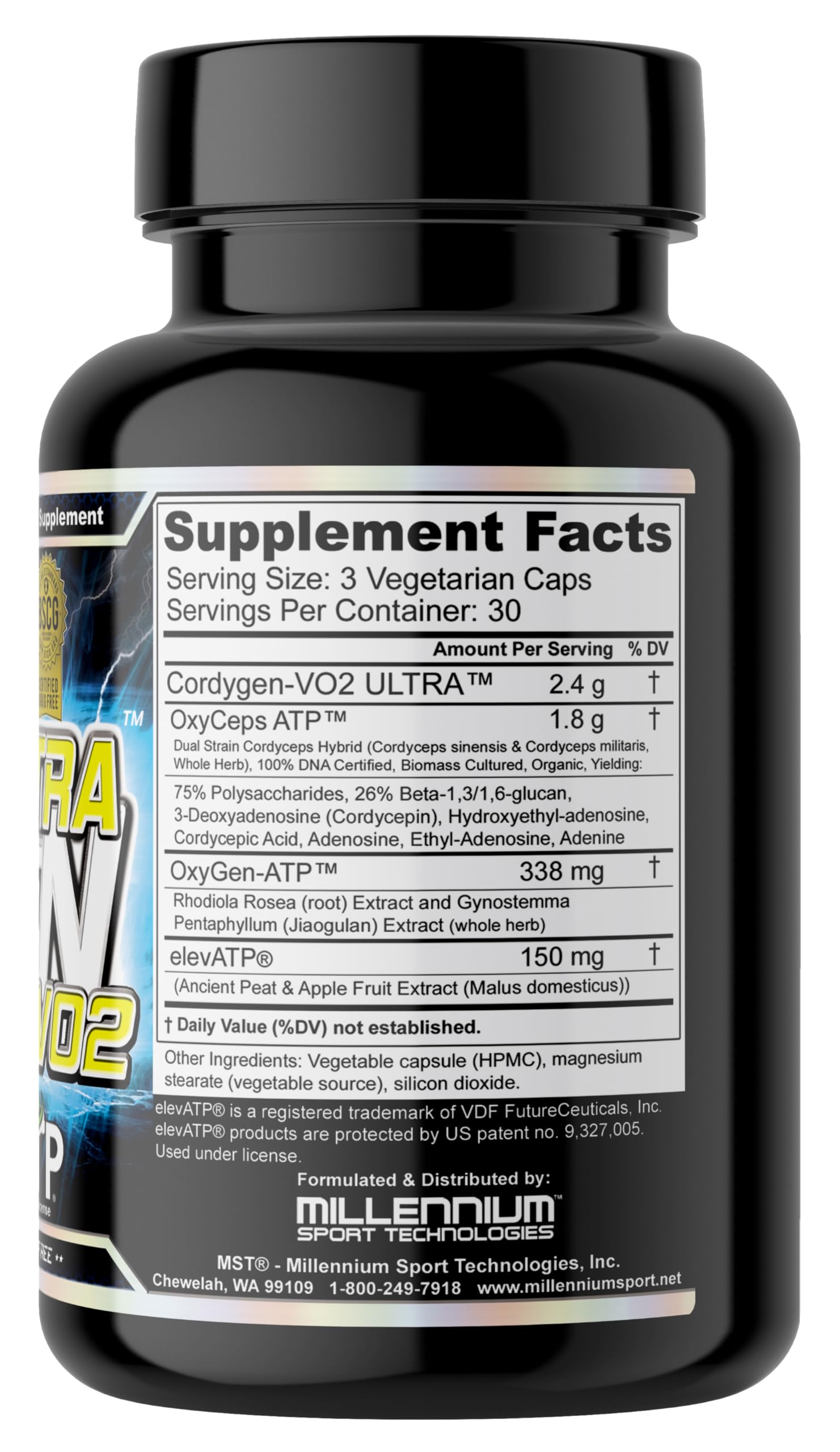 Close-up of MST Cordygen VO2 Ultra capsules highlighting oxygen utilization support.