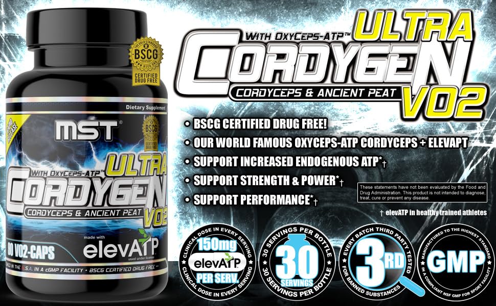 MST Cordygen VO2 Ultra capsules with scoop suggesting convenient energy for sessions.