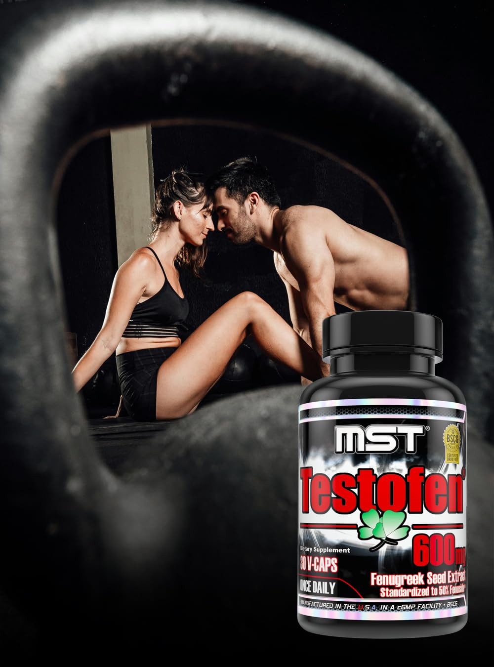 MST Testofen bottle nutrition facts section notes BSCG Drug Free certification.