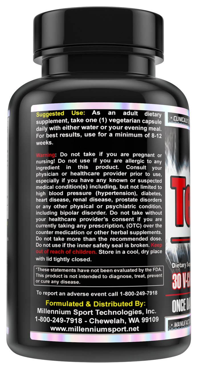 MST Testofen bottle side label showing 600 mg strength for regular use.