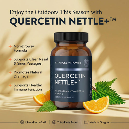Mt. Angel Quercetin capsules showcasing enhanced absorption through phytosome technology.