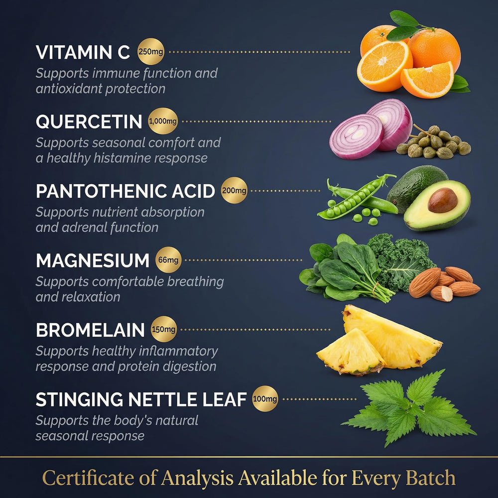 Close-up label of Mt. Angel Quercetin with Bromelain and Nettle.
