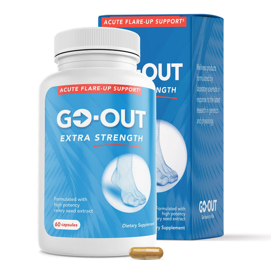 Mt. Angel Vitamins Go Out Extra Strength bottle front highlighting tart cherry blend for uric acid balance