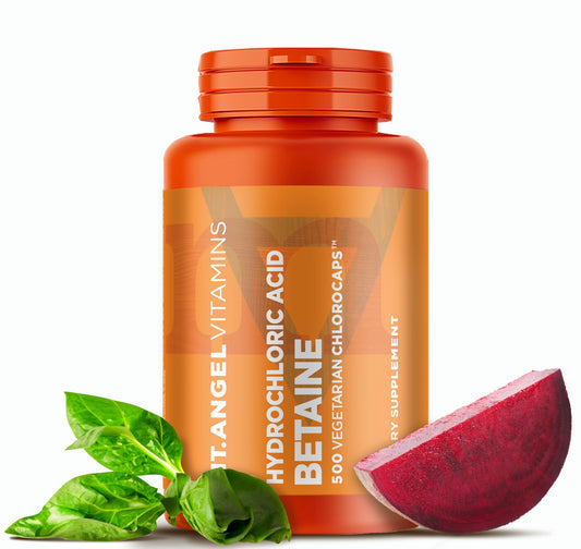 Mt. Angel Vitamins Hydrochloric Acid Betaine bottle illustrates easy digestion support.