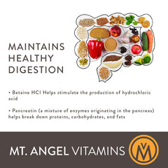 Mt. Angel Vitamins Hydrochloric Acid Betaine closeup conveys quality and purity.
