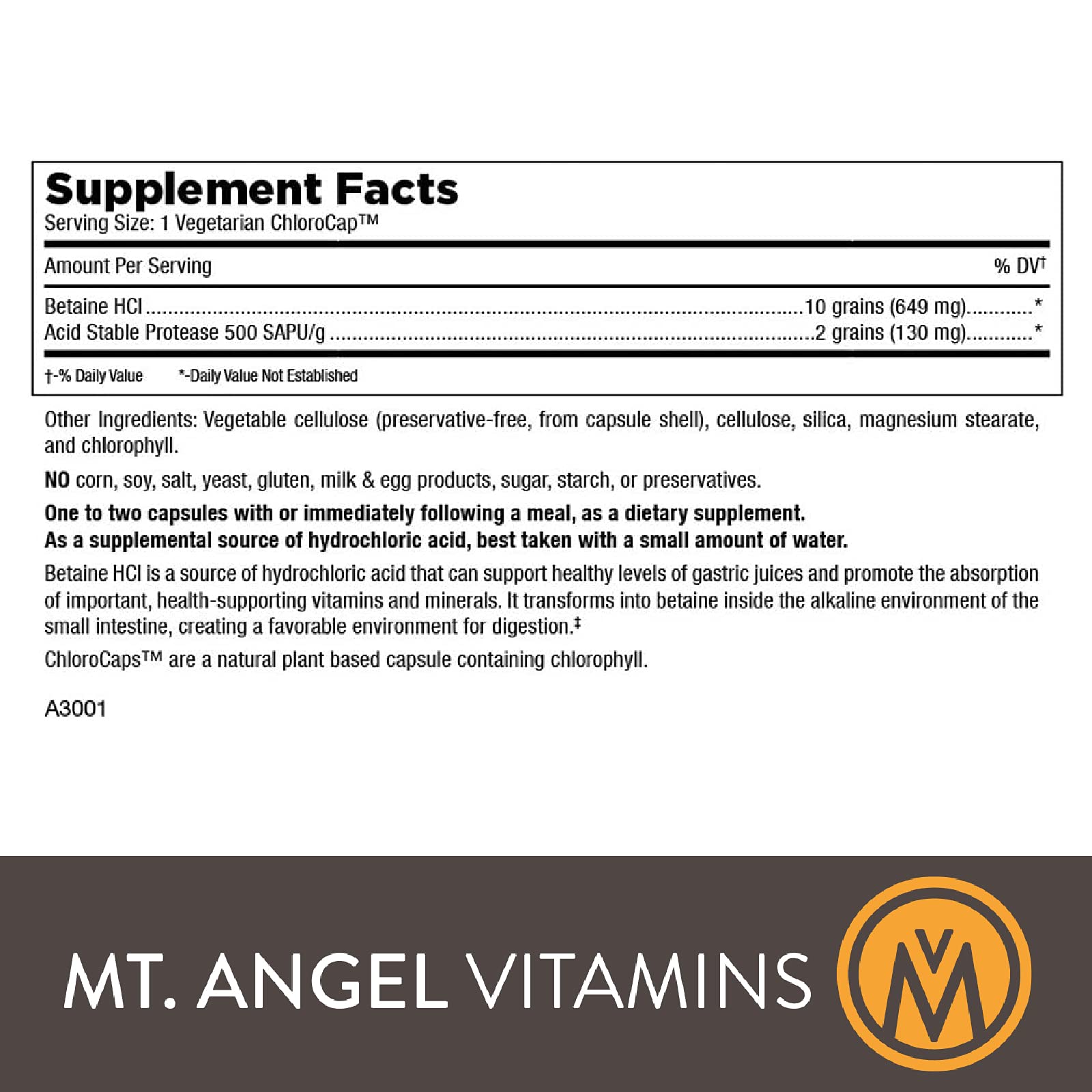 Mt. Angel Vitamins Hydrochloric Acid Betaine label highlights ingredients and clean formula.