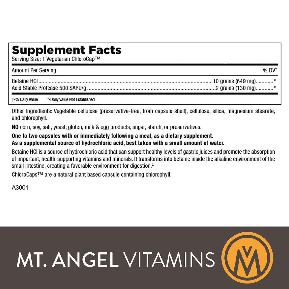 Mt. Angel Vitamins Hydrochloric Acid Betaine label highlights ingredients and clean formula.