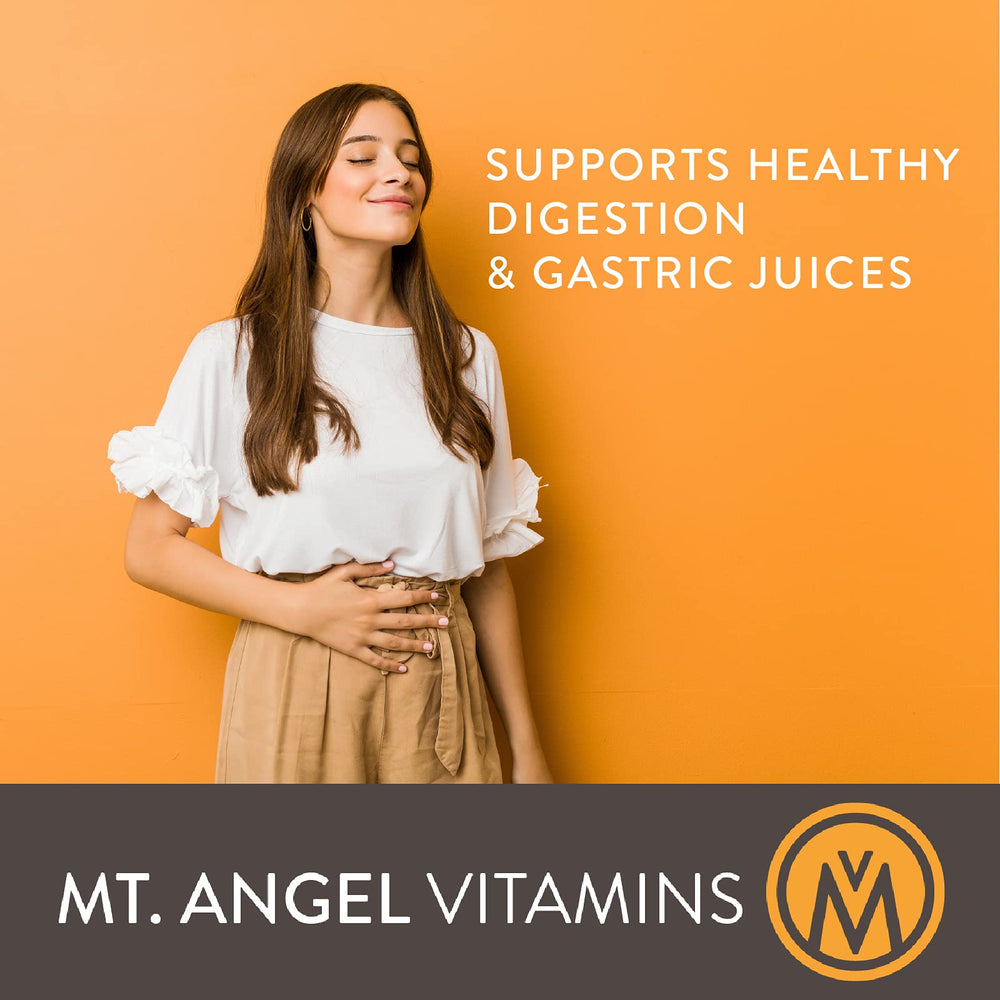 Mt. Angel Vitamins Hydrochloric Acid Betaine pour suggests easy-to-take capsules for digestion.
