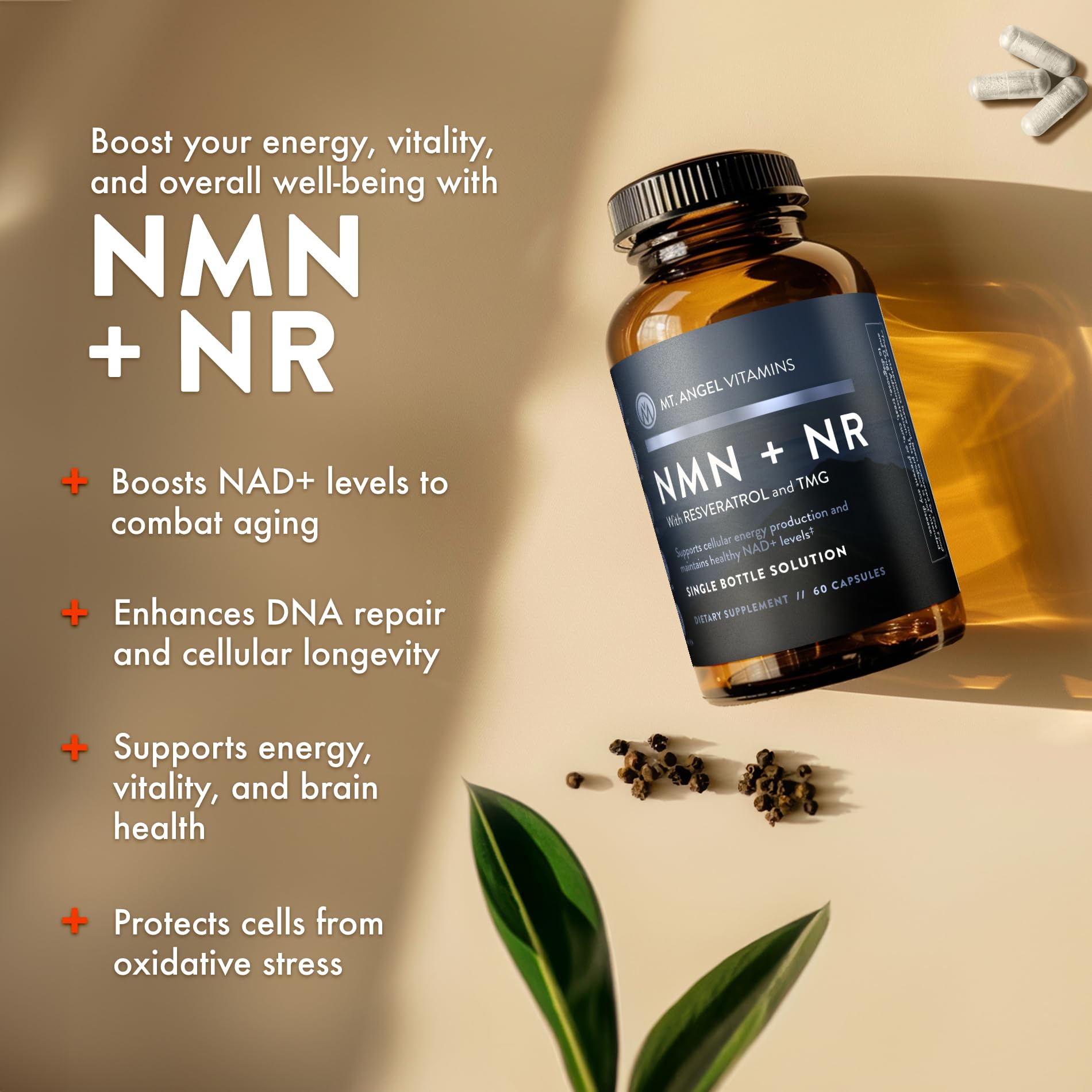 Mt. Angel Vitamins NMN label front showcases key ingredients and benefits.