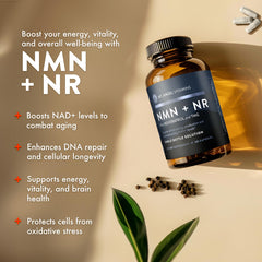 Mt. Angel Vitamins NMN label front showcases key ingredients and benefits.