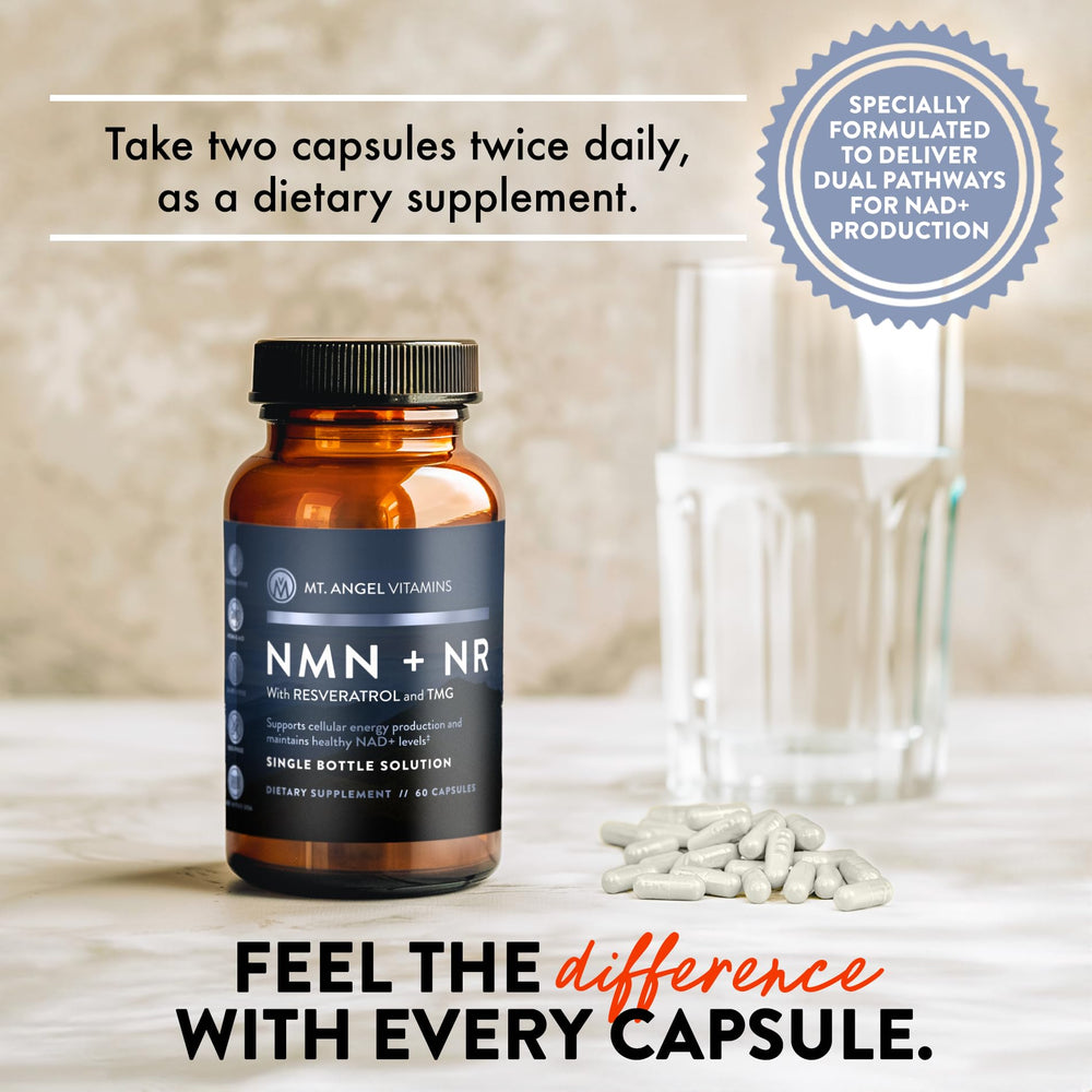 Mt. Angel Vitamins NMN packaging underscores USA-made quality and clean label.