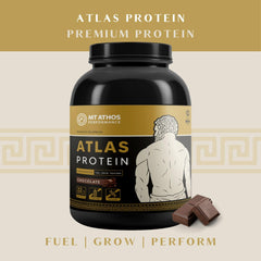 Mt. Athos Performance Atlas Chocolate scoop portion shown for precise protein intake to support training.