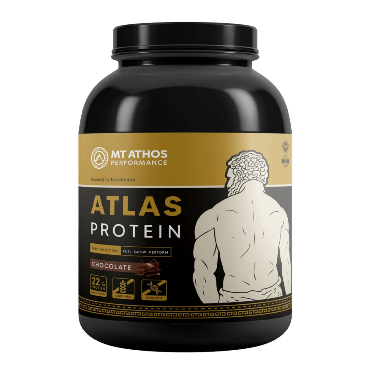 Mt. Athos Performance Atlas Chocolate protein tub, label visible, goat milk blend supports easy digestion.