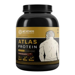 Mt. Athos Performance Atlas Chocolate protein tub, label visible, goat milk blend supports easy digestion.