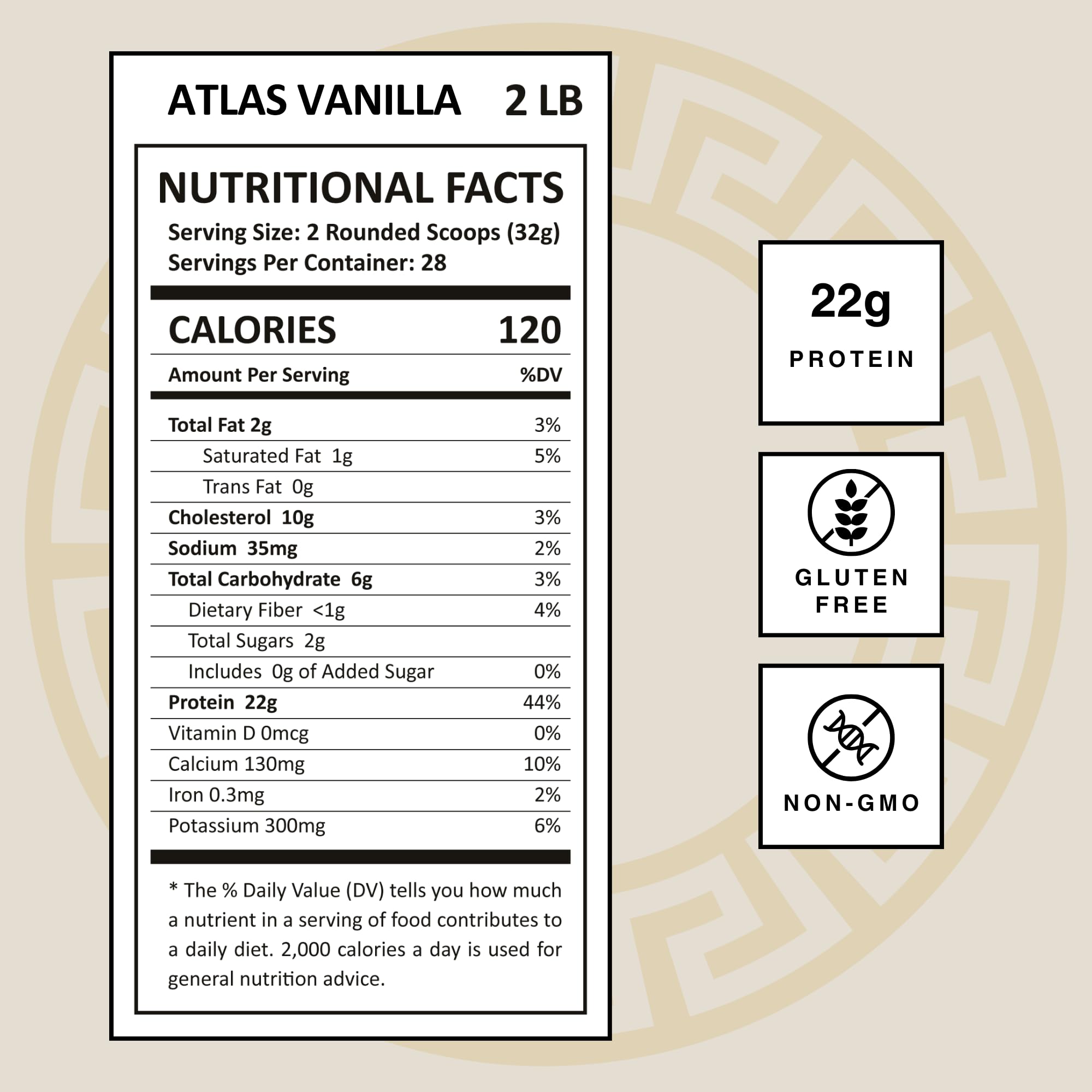 Atlas Vanilla label close-up highlighting whey and casein balance for ongoing amino support.