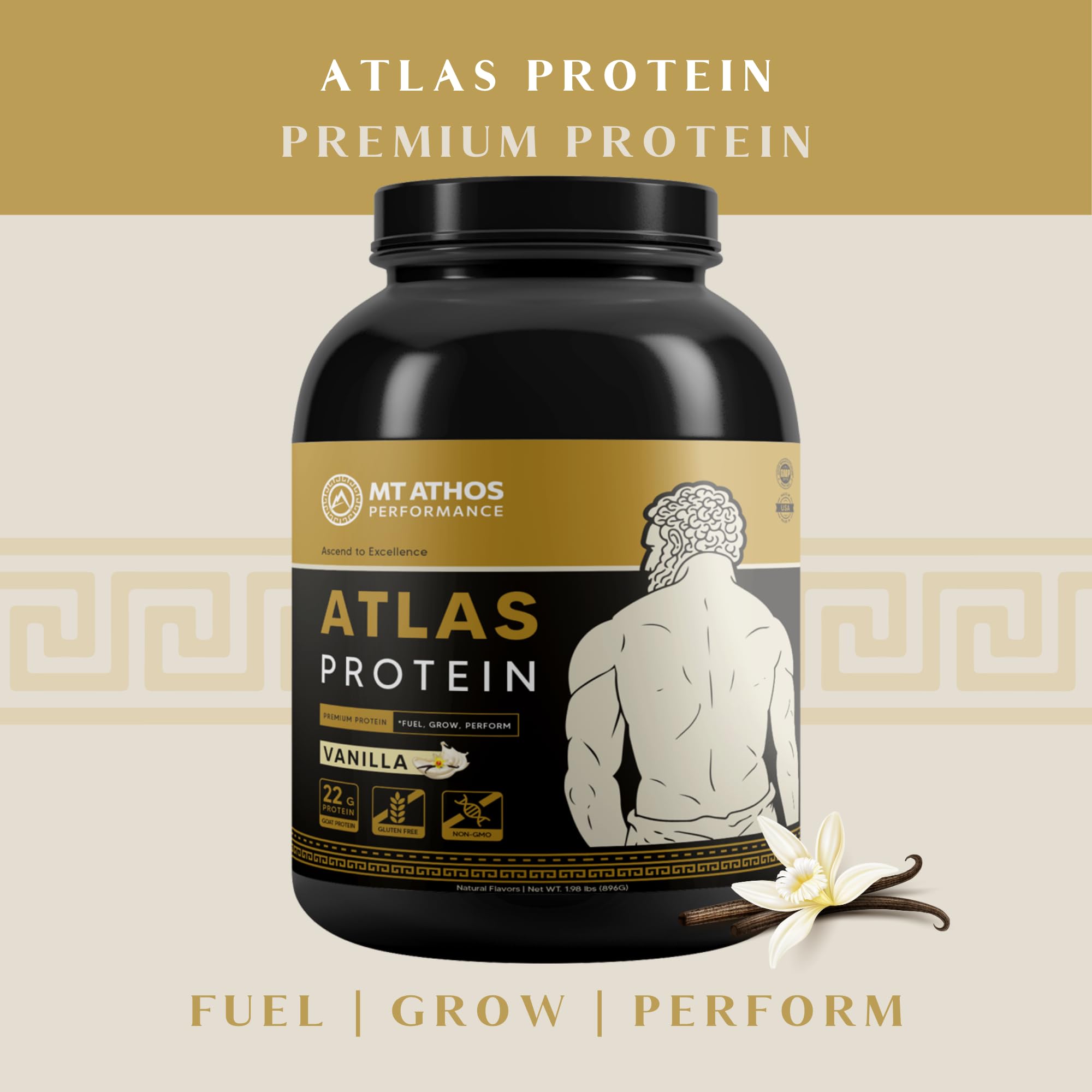 Scoop dispensing Atlas Vanilla powder for easy shake preparation.
