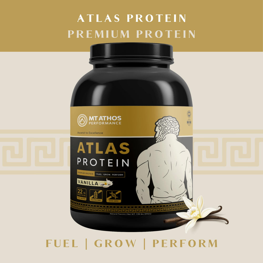 Scoop dispensing Atlas Vanilla powder for easy shake preparation.