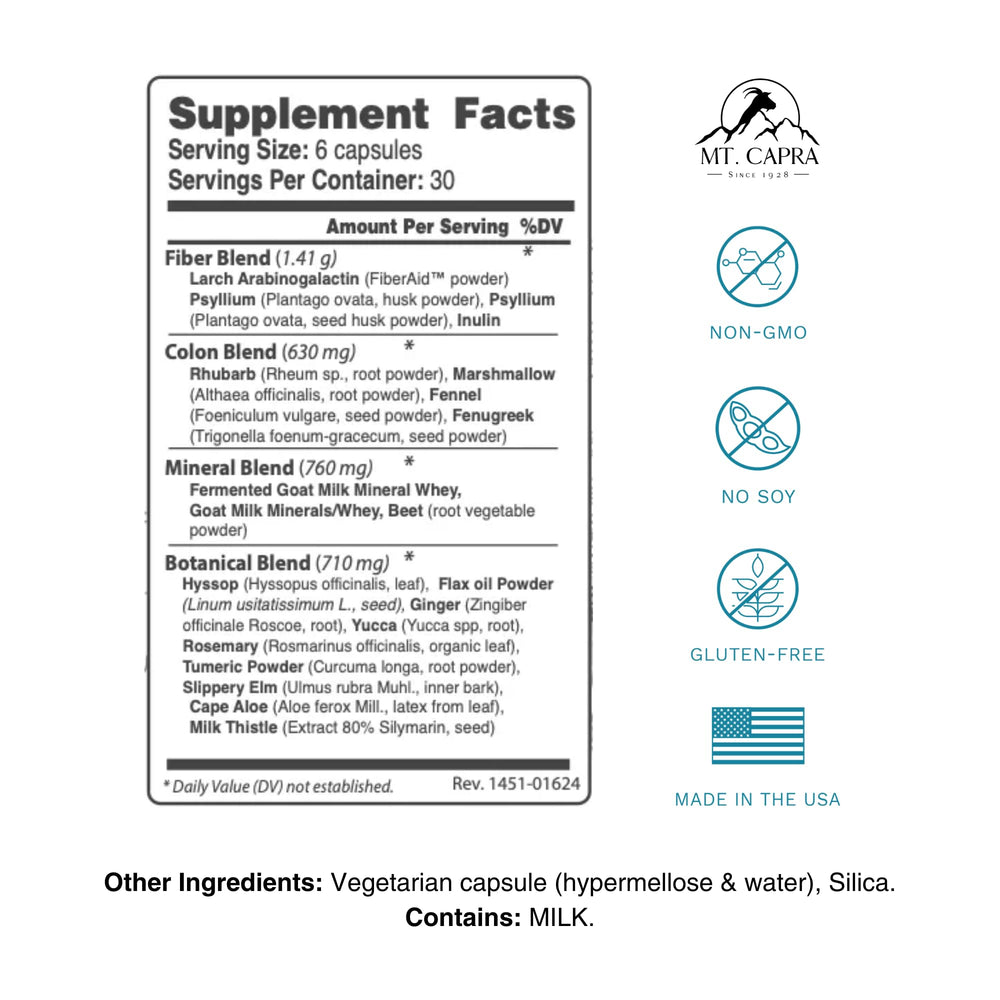 CapraCleanse bottle dosage close-up for easy daily dosing and serving clarity.
