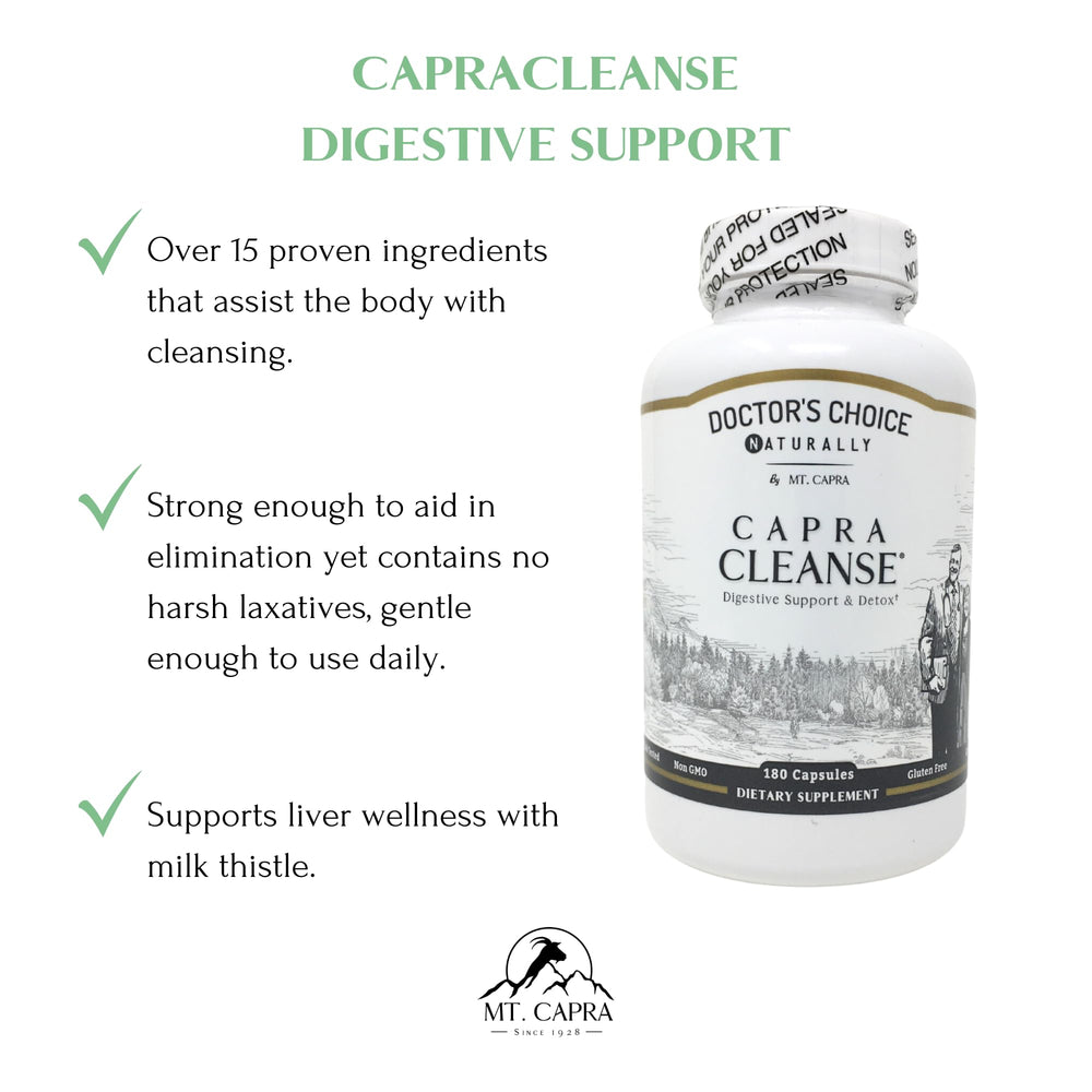 CapraCleanse bottle label close-up showing ingredients and four blends for transparency.